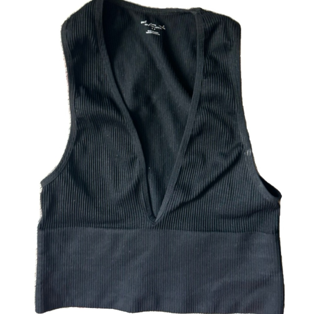 Black Ribbed V-Neck Women's Top